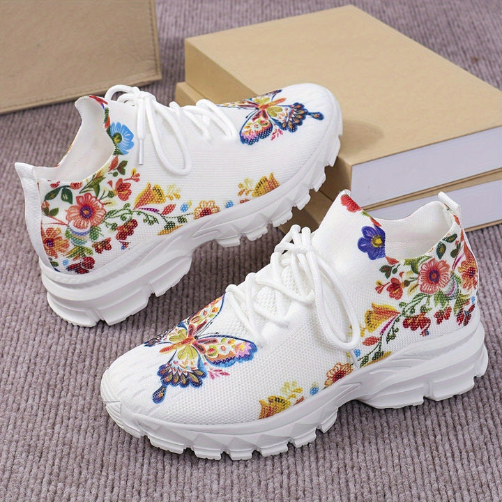 Vicky | Women's knitted chunky sneakers with butterfly and floral pattern