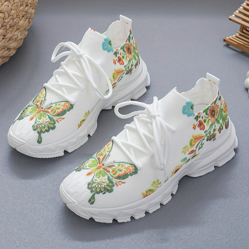 Vicky | Women's knitted chunky sneakers with butterfly and floral pattern