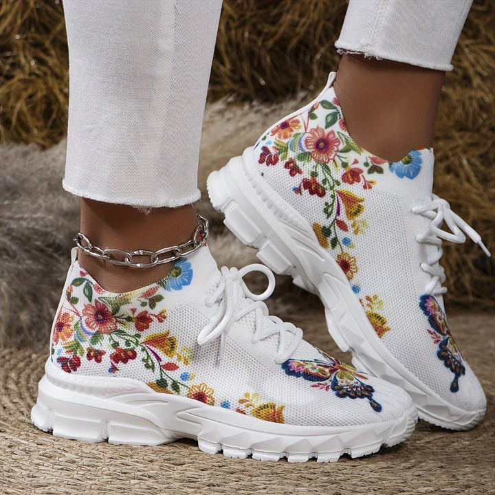 Vicky | Women's knitted chunky sneakers with butterfly and floral pattern